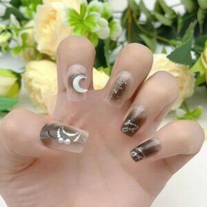 24pcs Short Square Black Ombre Smudged Glitter Moon Press-on Nails